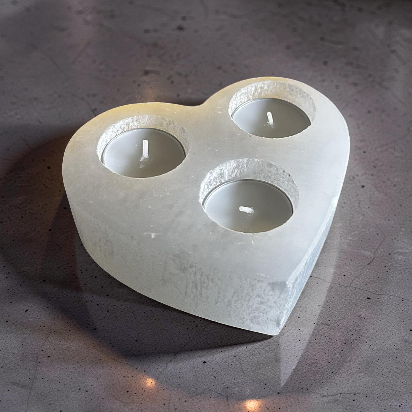Heart Shaped Selenite Candle Holder (Misfit)chip in middle