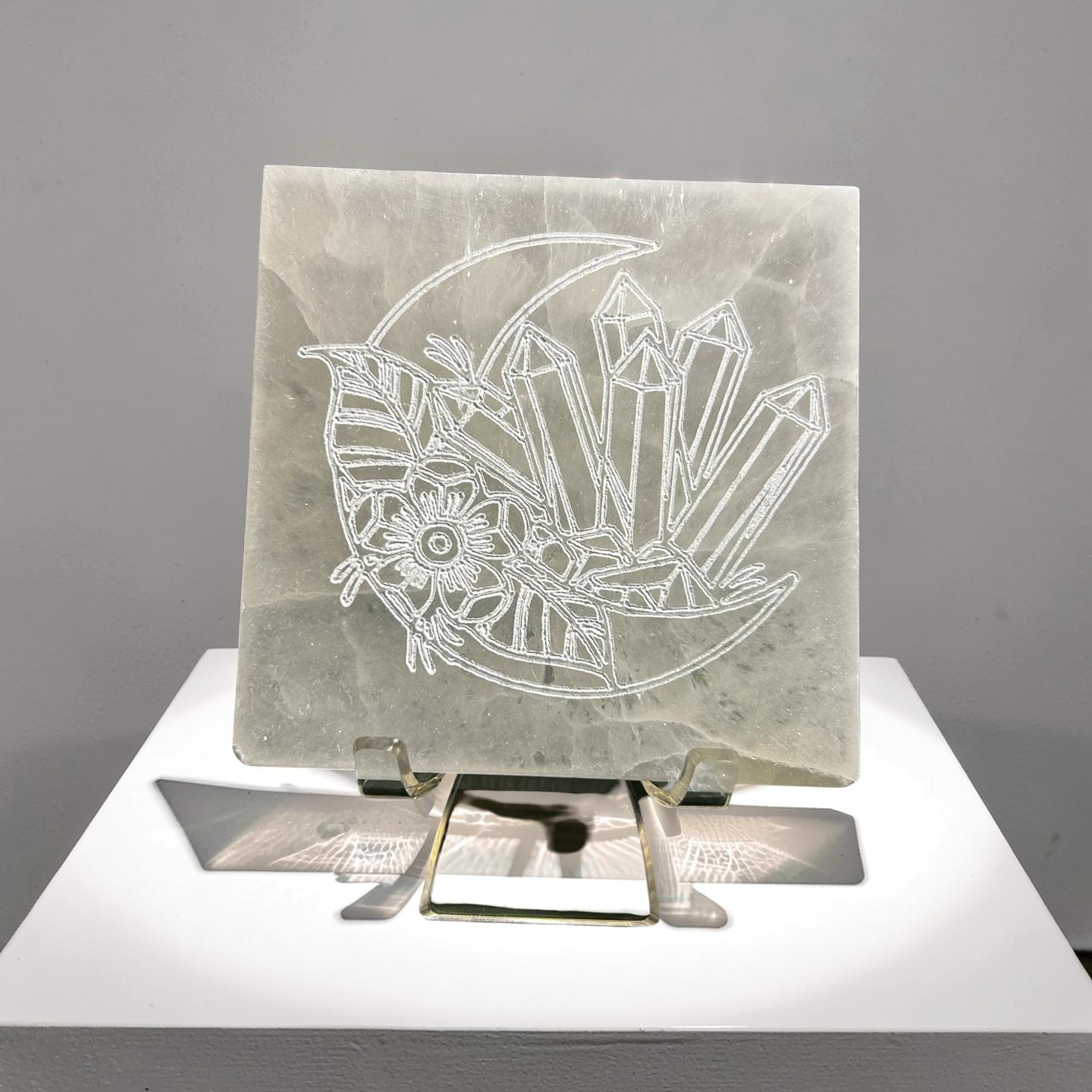 Square Selenite Plate- Moon & Crystals